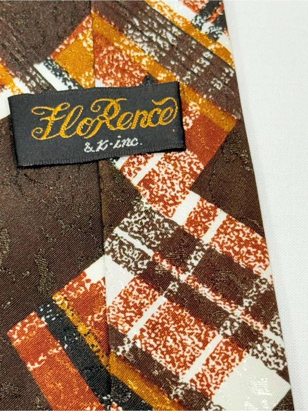 Vintage 70s Florence Silk Abstract Geometric Brown Gold‎ Silk Necktie